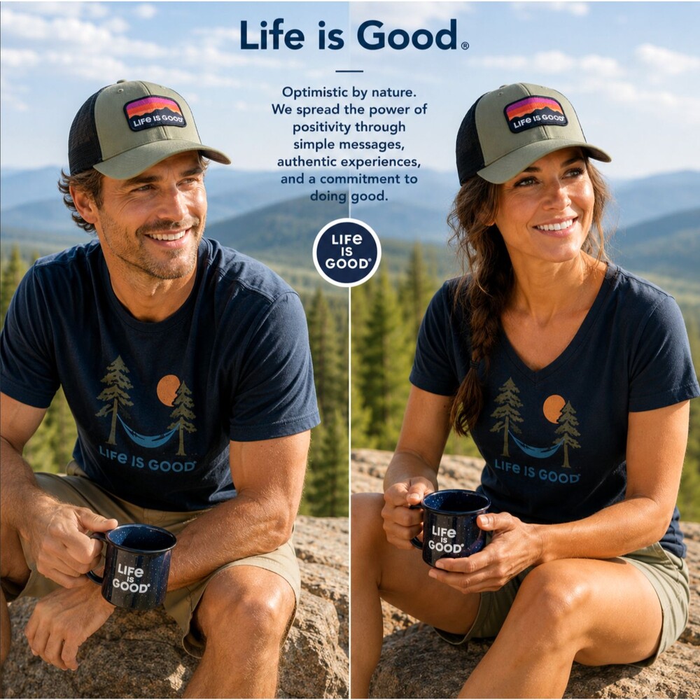 Life is Good Sunset Mountain Trucker Hat Moss Green Ombre Mesh Snapback NWT